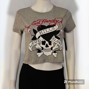 ED HARDY Gray Skull Crossbones Poison Love Kills Slowly Graphic Goth Baby Tee
